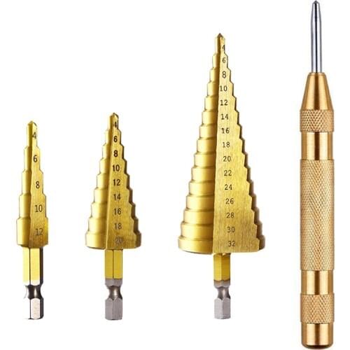 3 pcs HSS Step Drill Bit Sets Straight Groove Titanium Coated Cone Hole Cutter with Automatic Center Punch For Metal Wood Tool
