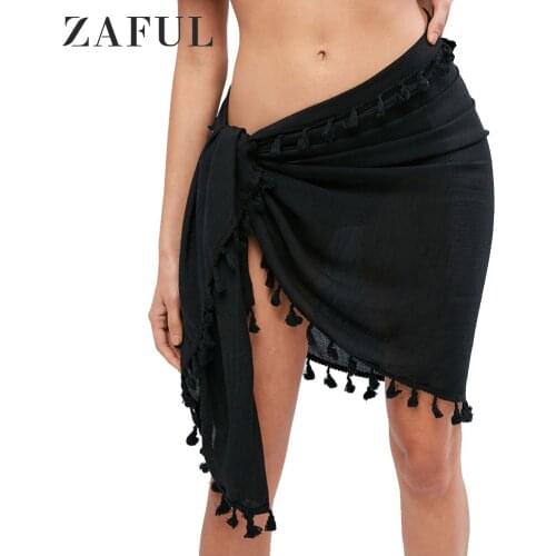 ZAFUL Tassels Sarong Bikini Cover-Ups Sexy Women Wrap Skirt Solid Swimsuit Casual Summer Beachwear Bathing Suit Cover Up