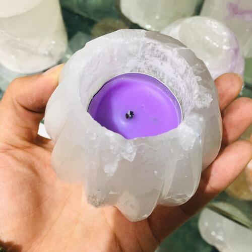 Natural selenite tower candle base gemstone candlestick dispel negative energy healing crystal stones for decoration