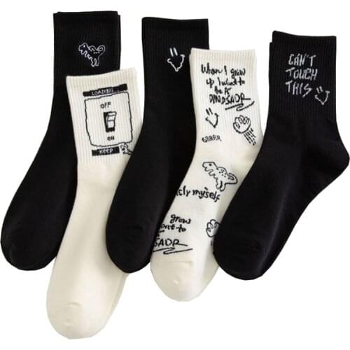 Socks Women Autumn Cartoon Dinosaur Letter Japanese Harajuku Printing Pure Cotton Black White Cute Street Style Breathable