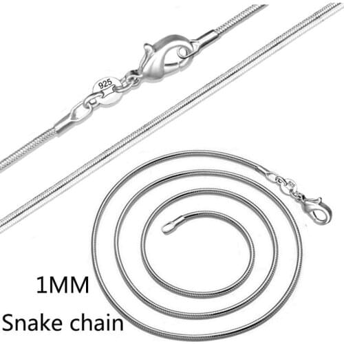 1MM Snake Chain Necklace Silver color plated For Women Men 16 18 20 22 24 26 28 30 32 inches necklaces Jewelry Wholesale