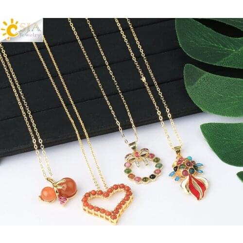 CSJA Natural Stone Tourmaline Necklace Gold Color Womens Neck Chain Heart Shape Pendant Necklaces Minimalist Delicate Gift S801