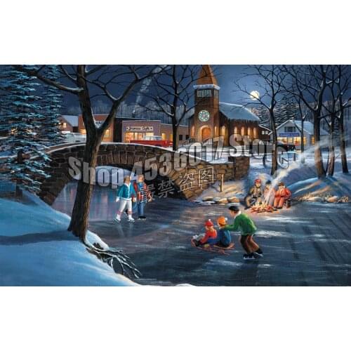 Full 5D Diy Diamond Painting Skaters Moon Winter Churches Bridges Rivers Rhinestone Diamond Embroidery Mosaic Decoration gift