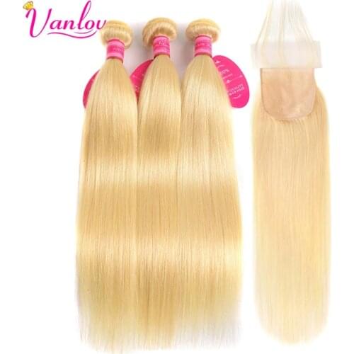 Vanlov 613 Blonde Straight Bundles With Closure Human Hair Weave Bundles With Closure PU Silk Base Indian Remy Hair Extension