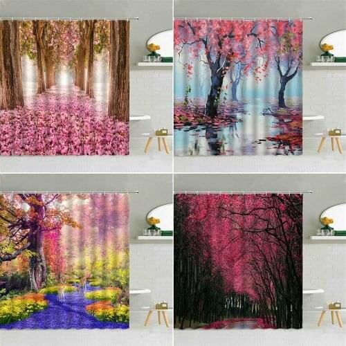 Pink Flower Trees Landscape Shower Curtain Deer River Road Spring Forest Scenery Bathroom Decor Waterproof Fabric Curtains Set