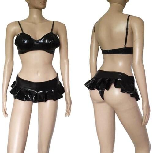 Sexy Women Faux Leather Bra Top Ultra Short Mini Pleated Skirt Fetish Lingerie Set Erotic Dance Wear