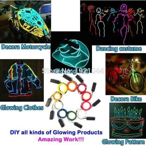 2.3mm 1-5 Meters 10 Colors Select EL Wire Flexible Neon Light Glow Rope tape For Car Easter Decoration with USB inverter