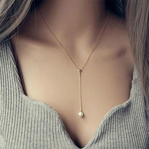 Women Fashion Adjustable Faux Pearl Pendant Necklace Collarbone Chain Wedding Jewelry stainless steel choker Gold Color