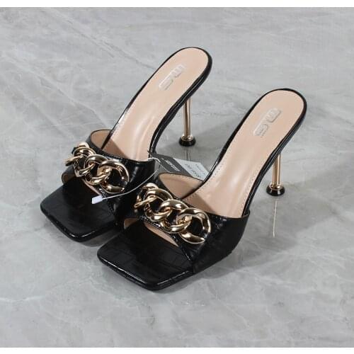 Womens Sandals 2021 Summer New Square Toe Open Toe Chain Super High Heel Sandals Stiletto Outer Fashion Slippers 10CM
