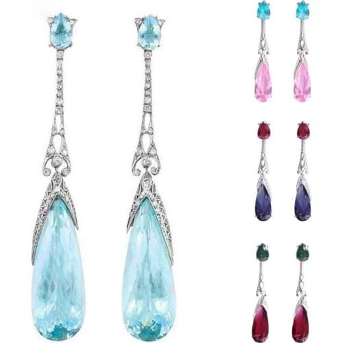 Fashion Long Teardrop Sky Blue Crystal Stone Earrings Women Jewelry Bright Silver Color Cut Zircon Wedding Earrings