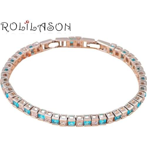 ROLILASON Simple cubic design square cut seawater blue crystal Zircon Silver Bracelet women wedding items fashion jewelry TB703
