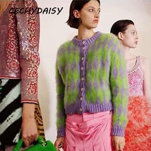Sweaters Runway Green Argyle Cardigans Women 2021 Autumn Winter Clothes Vintage O-Neck Plaid Casual Ladies Knitted Outwear Zaful