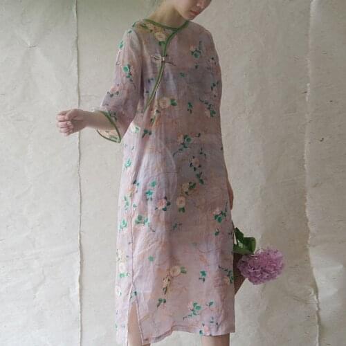 Johnature 2020 Summer New Women Retro Plate Buckle Patchwork Print O-neck Slit Dresses Simple Loose Comfortable Fashion Dress