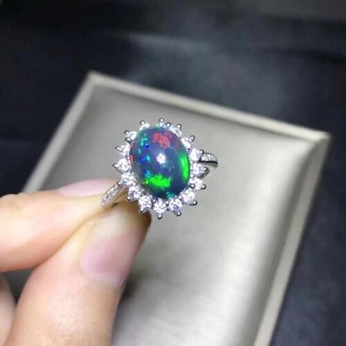 100% NATURAL ETHIOPIAN WELO FIRE Black OPAL CABOCHON Ring 8.5x11mm
