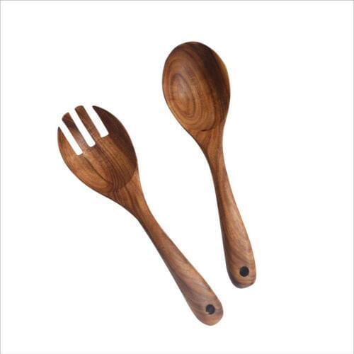 2PCS/set Wooden Spoon And Fork Set Salad Servers Acacia Wooden Utensils Cooking Spoons Cultery Kitchen Eating Tools