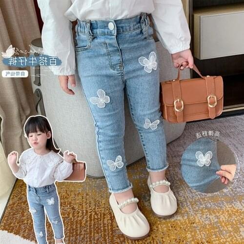 2021 Summer Baby Girls Denim Skinny Pants Korean Style Children Casual Butterfly Embroidery Trousers Toddlers Kids Elastic Jeans