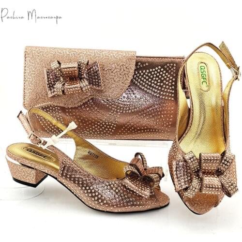 2021 Newest Italian Design Nigerian Peach Color Party Women Shoes and Bag Set With Special Narrow Band and Cross-tied Decoration