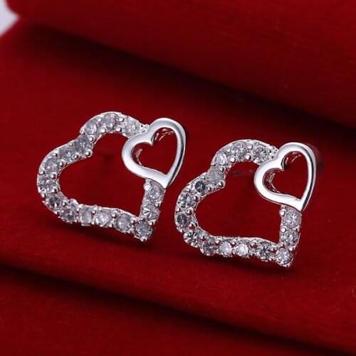 925 Jewelry Silver Color Wholesale Free Shipping Earrings For Women&men Inlaid Double Heart Earrings E104 /aeoaivva Aenaivua