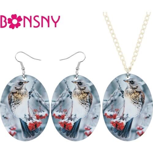 Bonsny Acrylic Oval Resting Fieldfare Flower Jewelry Sets Sweet Animal Bird Earrings Necklace For Women Teens Gifts Decorations