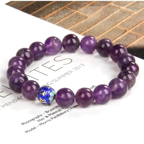 10mm Natural Amethysts Bracelets Handmade Stretch Blue Enamel Beads Charm Bangle Women Fashion Birthday Gift Men Buddhism Jewelr