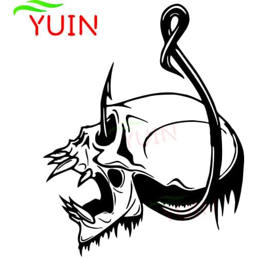 Skull Fish Hook Fishing Bone Car Sticker Fashion Window Decoration PVC Waterproof Sunscreen Decal Black/White/Red/Laser/Silver