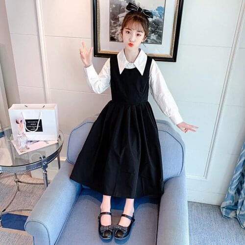 2021 Spring Fashion Solid Color White Blouse + Black Dresses Two Pieces Children Wear 12 14 Years Old Teens 120-170cm Girl Dress