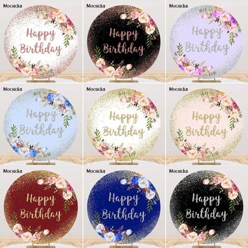 Glitter Dots Floral Happy Birthday Backdrop Kids Adult Birthday Party Cake Table Background Decor Flowers Round Photocall Props