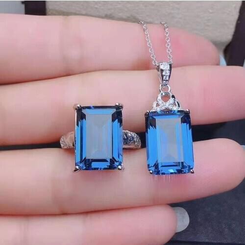 Blue Topaz Square Ring Pendant Necklace Set S925 Pure Silver Fine Fashion Weddings Charming Jewelry for Women Free Shipping