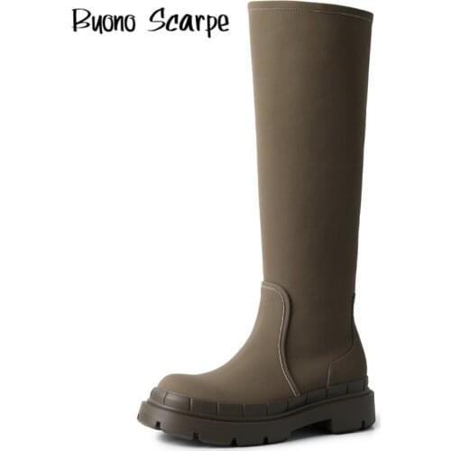 Leather Flat Platform Boots Western Boots Low Heel Round Toe Knee High Boots Solid Slip On Mujer Botas Retro Shoes Womens Boots