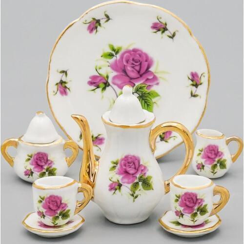 Odoria 1:6 Miniature 8PCS Porcelain Tea Cup Set Purple Ceramic Tableware Dollhouse Kitchen Accessories for 6" Dolls
