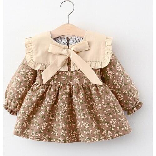 Newborn Floral Dresses One-Piece Toddler Ruffled Collar Princess Dress Cute Party Formal Children Long Sleeve Bow Knot Dresses