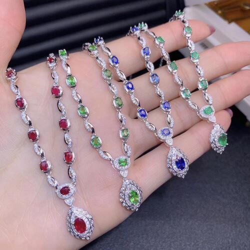 Elegant green emerald red ruby blue sapphire green tsavorite gemstone necklace women fine jewelry 925 silver real natural gift