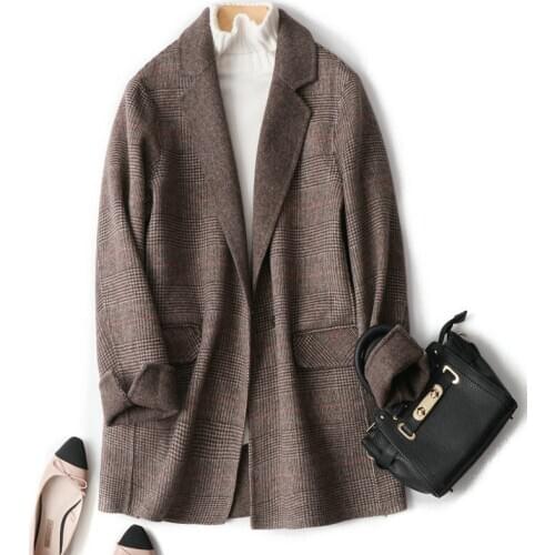 Spring Autumn Wool Coat Female Plaid Jacket Korean Blazer Woolen Coat Overcoat Women Abrigos Mujer Elegante 2020 1115 KJ6086