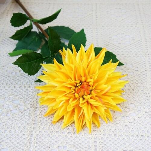 Real Touch Big Dahlia Artificial Flower Long Branch with Green Leaf for Wedding Home Room Decor Fake Flower Flores Artificiais