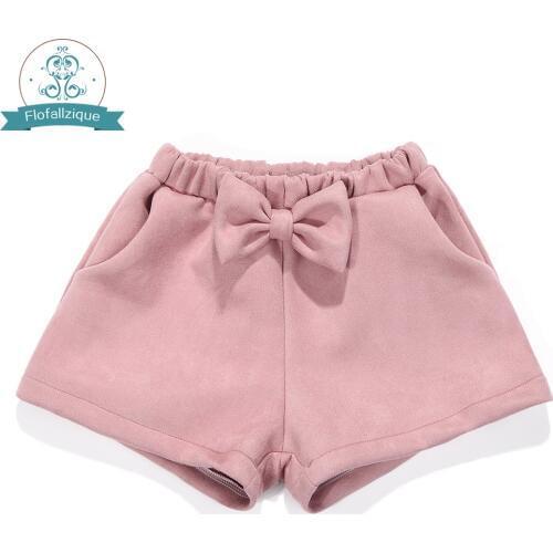 Toddler Girls Shorts Autumn Winter Elastic Waist Loose Suede Pants Fashion Bowknot Pink Baby Kids Clothing