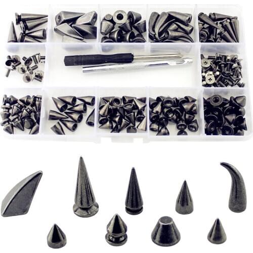Mixed 10 Designs 120pcs metal-black Spikes And Studs For Clothes DIY Punk Rivets For Leather Bag shoes Handcraft With Tools