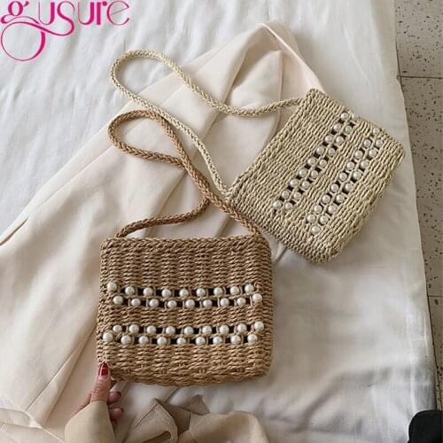 Gusure Straw Bag for Women Mini Tote Bags Rattan Woven Pearl Design Purses and Handbags Ladies Handmade Basket Crossbody Bag