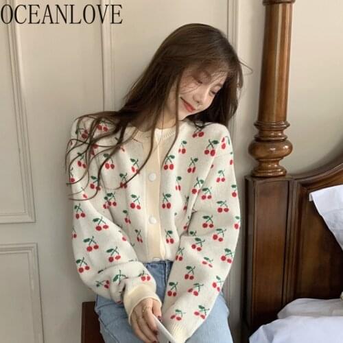 OCEANLOVE Woman Sweaters Print Vintage Sweet Kawaii Cardigans Knitted Spring Autumn Korean Single Breasted Mujer Chaqueta 19727