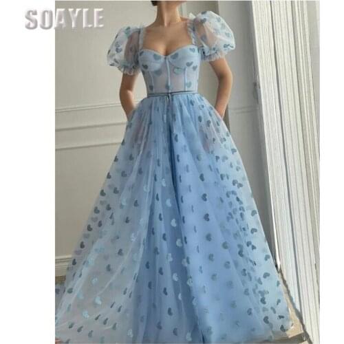 A-Line Prom Dresses Long for Teen Girl Hearty Party Gowns Blue Plus Size 2021 Dress Formal Evenning Wear for Women Puff Sleeves