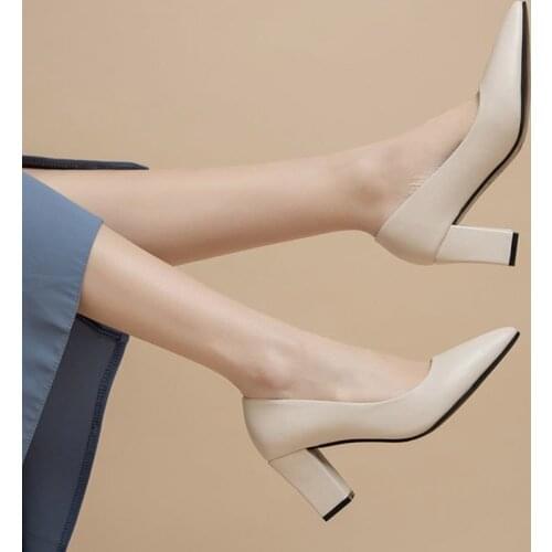 Large Size 41 Women Pumps High Heels Dress Shoes Pointed Toe Boat Shoes Woman White Wedding Square Heels Female Dress Shoe 9140L