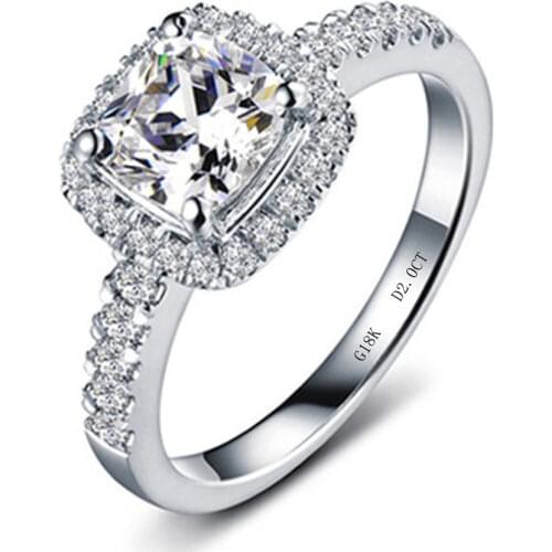 Solid 18K White Gold AU750 Cushion Shape 2CT Diamond Engagement Ring For Women VVS1 D Color Lasting Forever Brilliant