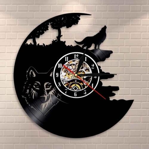Forest Wildlife Animal Wolf Vinyl Record Wall Clock Wolf Howling at the Moon Wall Clock Man Cave Decor Gifts for Wolf Lovers