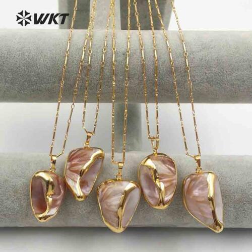 WT-JN055 WKT Classic popular irregular shape natural shell metal plating combined with 18 inch bamboo chain pendant necklace