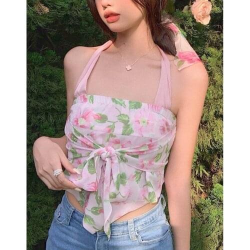 Y2k Summer Sexy Floral Crop Top Women High Street Cute Korean Halter T Shirt Japanese Kawaii Pink Lolita Vest Lady Tanks Tops