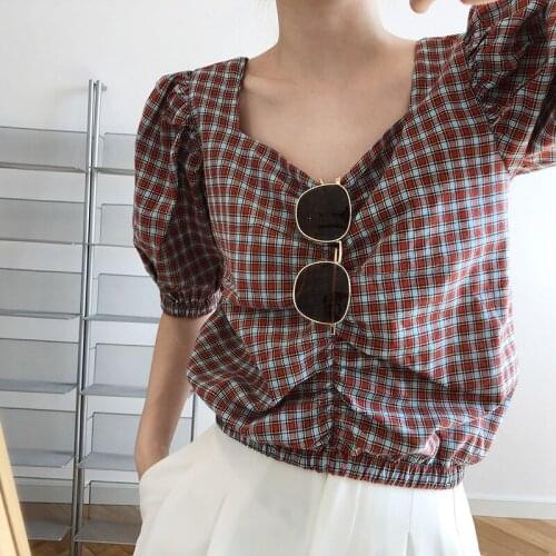 2020 Summer Square Neck Puff Sleeve Plaid Sexy Blouses Vintage Women Cotton Shirt Blusas Roupa Feminina Outwear
