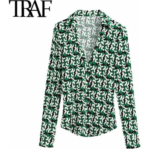 TRAF Women Fashion Printed Fitted Blouses Vintage Long Sleeve Button-up Female Shirts Blusas Chic Tops