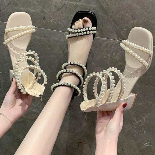 Square Head Pearl Sandals Womens Thick Heel Fairy Style