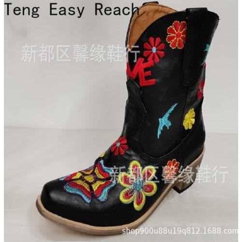 Women Ankle Boots 2021 Autumn and Winter New Embroidery Ethnic Style Mid-heel Thick-heeled Short Boots Square Toe Womens Boots