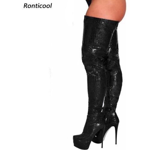Ronticool Women Winter Platform Thigh Boots Sexy Croc Pattern Stiletto Heels Round Toe Pretty Black Club Shoes Us Size 5-20