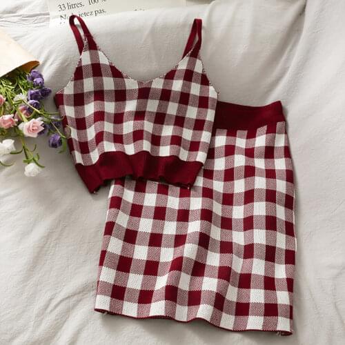 Womens Clothing Summer 2021 Plaid Knitted Sleeveless Cami Tank Tops and Mini Skirt Suit 2 Piece Vintage Y2K Aesthetics Fashion